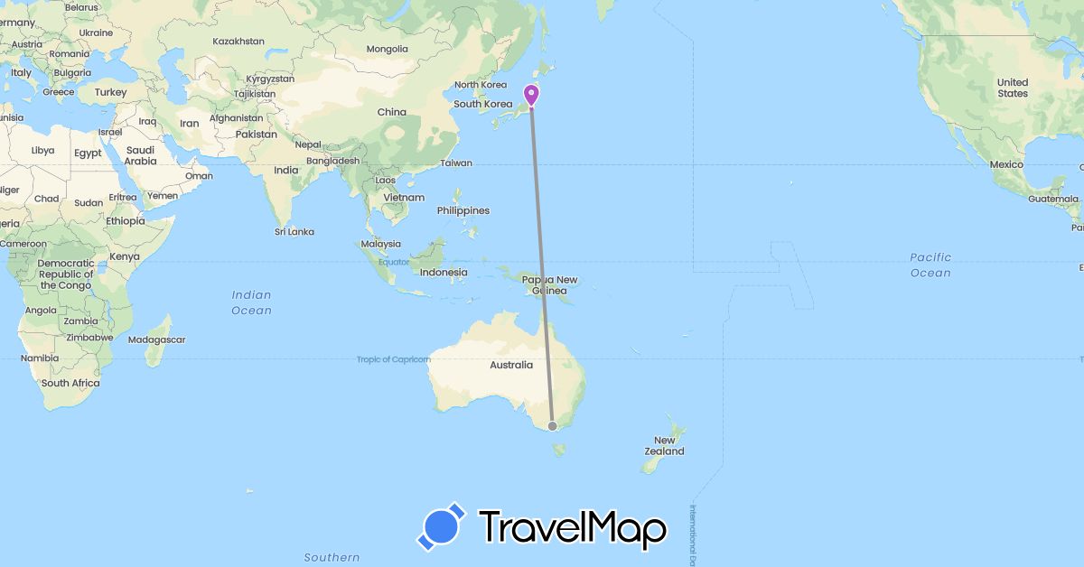 TravelMap itinerary: driving, plane, train in Australia, Japan (Asia, Oceania)